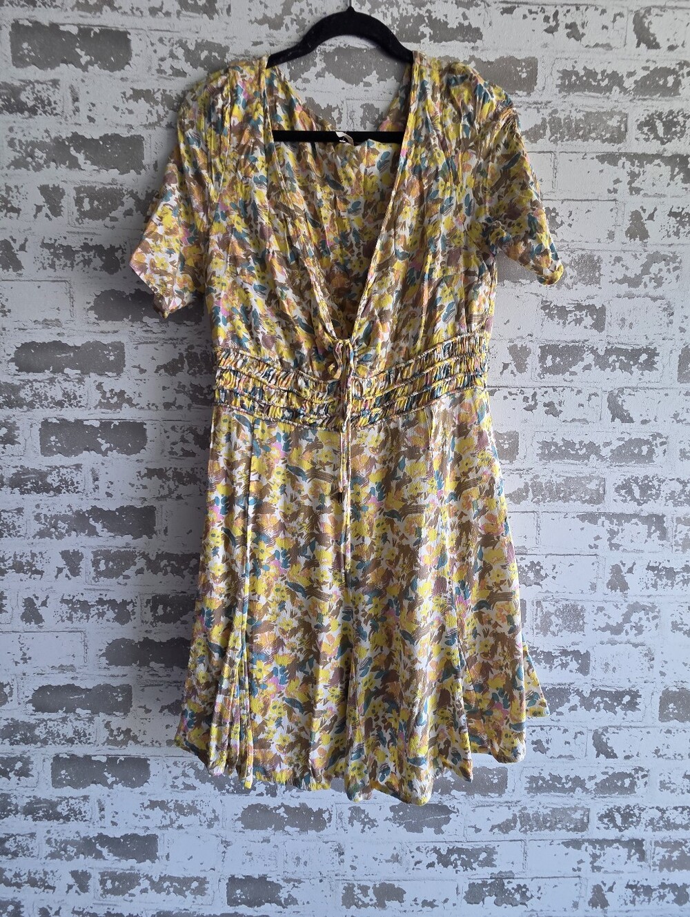 Free People Floral Smocked Plunge Dress Size 12 Boho Cottagecore Viscose
